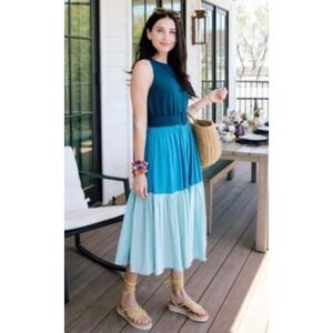 Abbey Glass Womens Colorblock Tiered Midi Dress Blue Teal Viscose Linen Size L